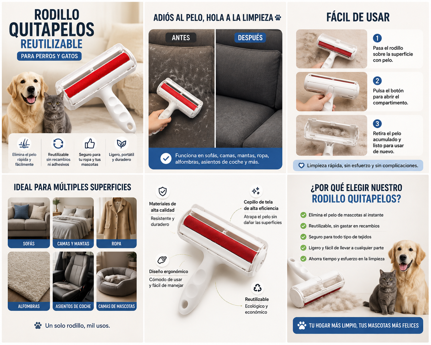 Rodillo Quitapelos Reutilizable para Perros y Gatos | Limpieza Rápida